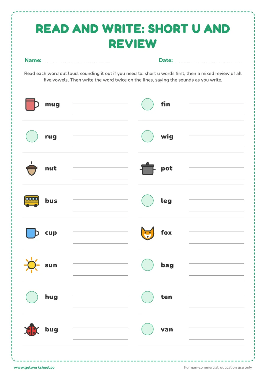 Read and write: short u and mixed review – free printable PDF worksheet, page 1 preview (8 free CVC words worksheets)