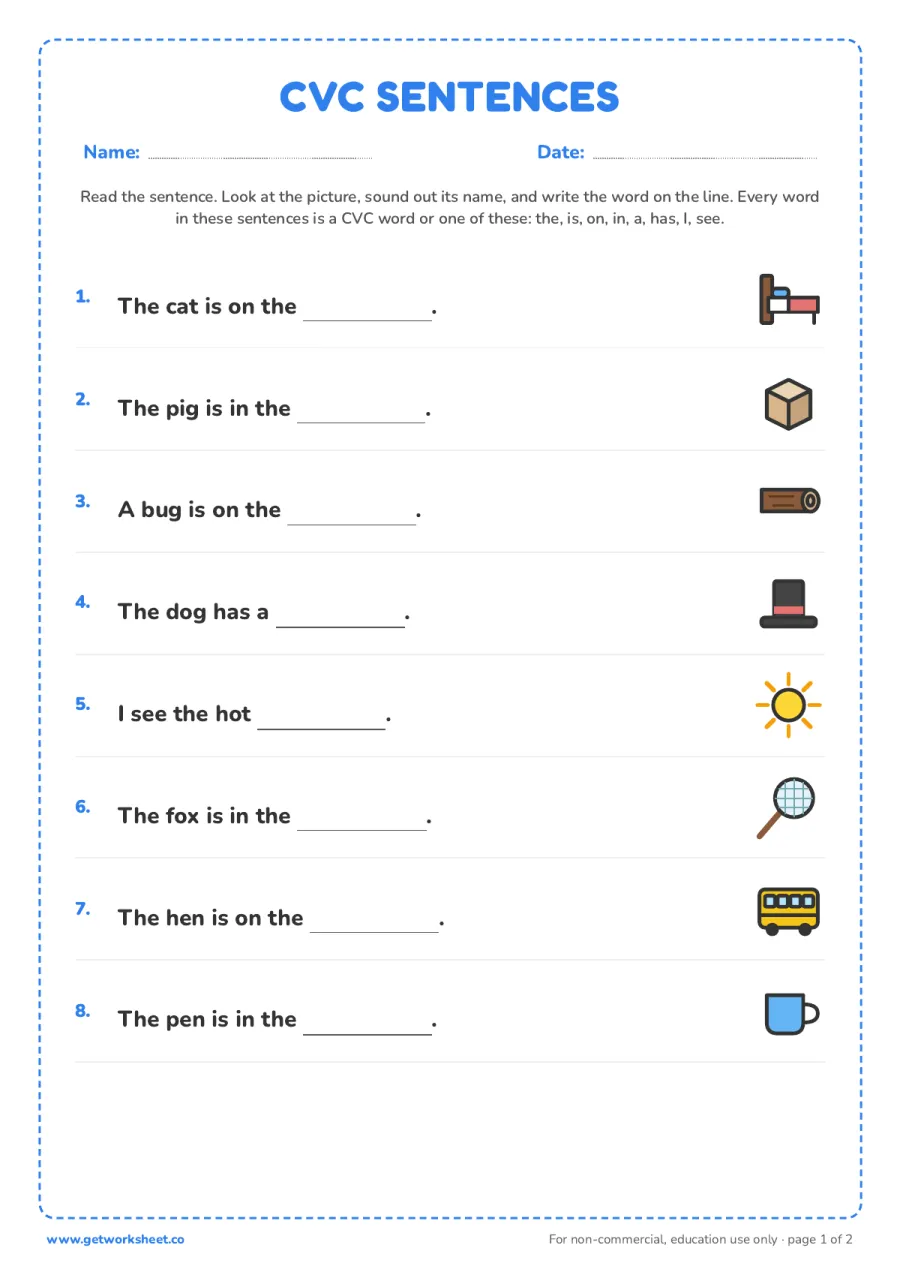 CVC sentences: fill in the picture word – free printable PDF worksheet, page 1 preview (8 free CVC words worksheets)