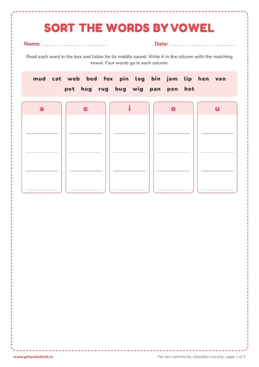 Sort 20 words by vowel sound – free printable PDF worksheet, page 1 preview (8 free CVC words worksheets)