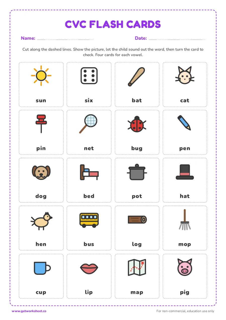 CVC flash cards: 20 picture and word cards – free printable PDF worksheet, page 1 preview (8 free CVC words worksheets)