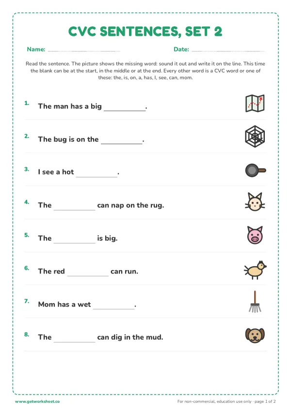 CVC sentences, set 2: the blank moves around, page 1 preview