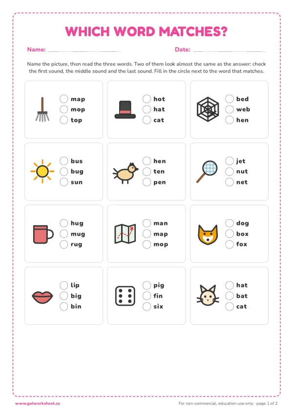 Which word matches the picture? 3 choices, page 1 preview