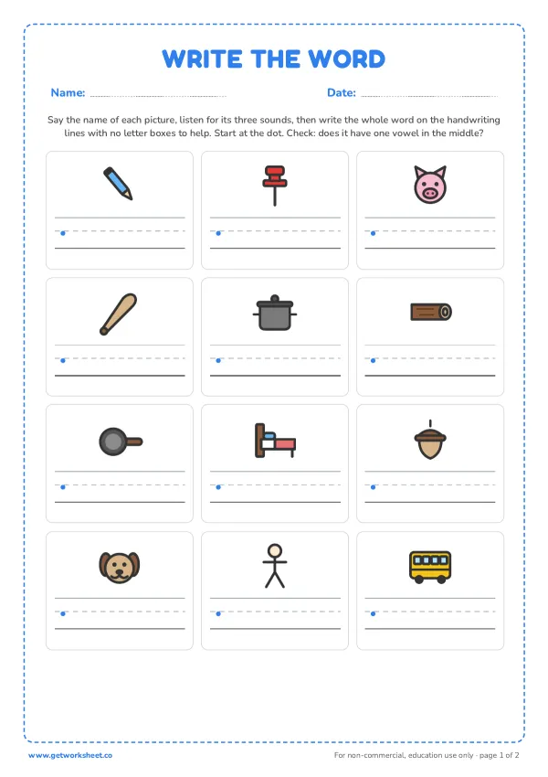 Write the word under the picture, page 1 preview