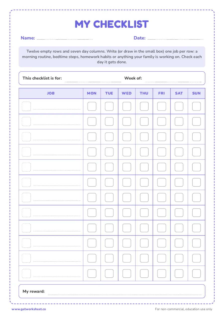 Blank daily checklist (12 rows, 7 days) – free printable PDF worksheet, page 1 preview (5 free daily checklist printables for kids)