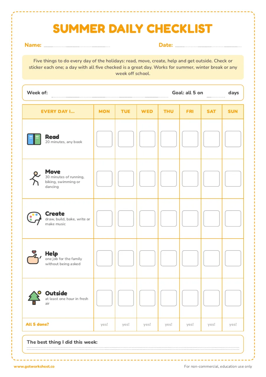 Summer or holiday daily checklist (read, move, create, help, outside) – free printable PDF worksheet, page 1 preview (5 free daily checklist printables for kids)