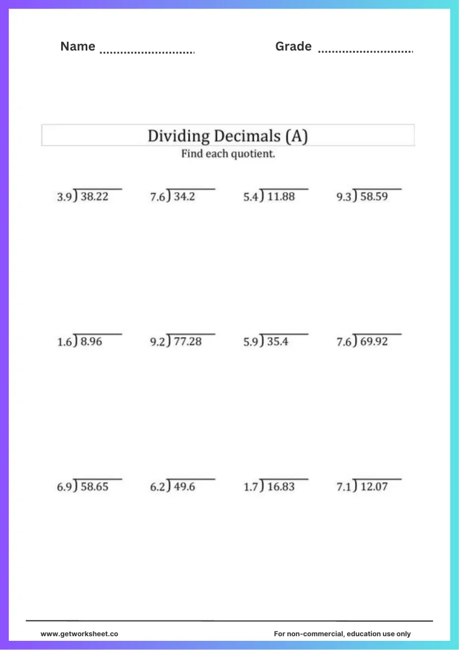 Long division: decimals divided by tenths, 12 problems Long division: decimals divided by tenths, 12 problems – free printable PDF worksheet, page 1 preview (Free decimal division worksheets)