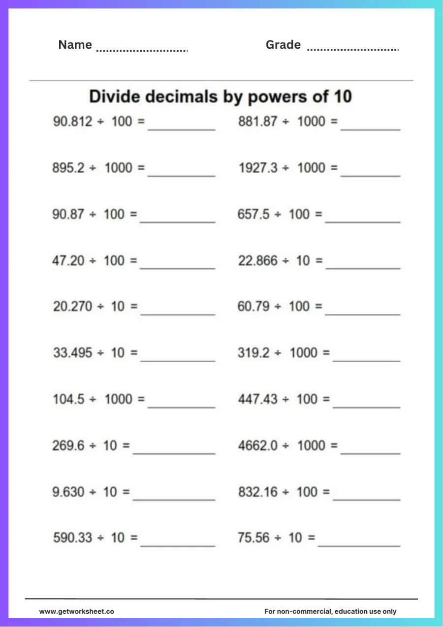 Divide decimals by 10, 100 and 1000: 20 problems Divide decimals by 10, 100 and 1000: 20 problems – free printable PDF worksheet, page 1 preview (Free decimal division worksheets)