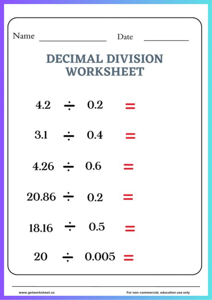 Divide decimals by decimals: 6 problems, divisors 0.2 to 0.6 Divide decimals by decimals: 6 problems, divisors 0.2 to 0.6 – free printable PDF worksheet, page 1 preview (Free decimal division worksheets)