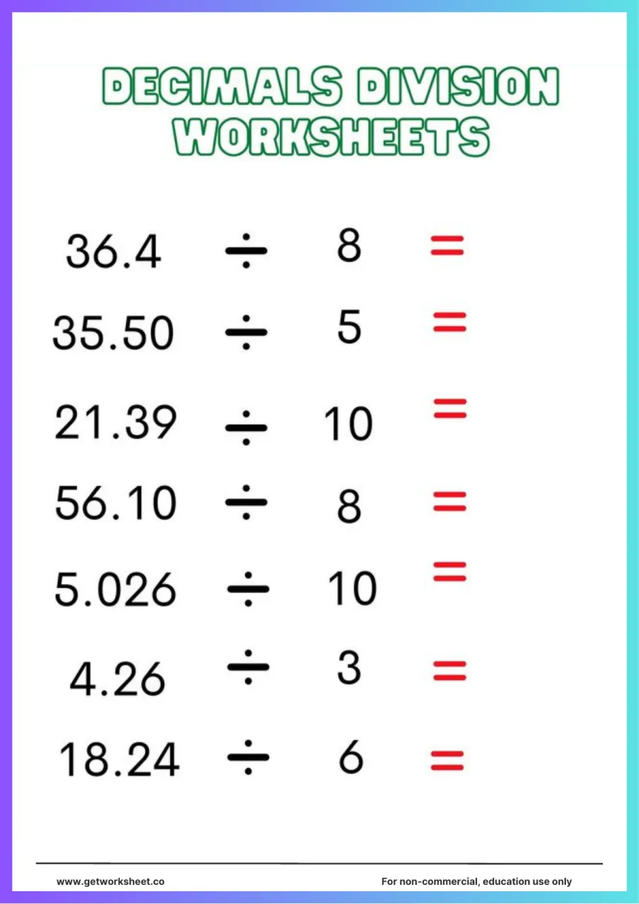 Divide decimals by whole numbers 3 to 10: 7 problems Divide decimals by whole numbers 3 to 10: 7 problems – free printable PDF worksheet, page 1 preview (Free decimal division worksheets)