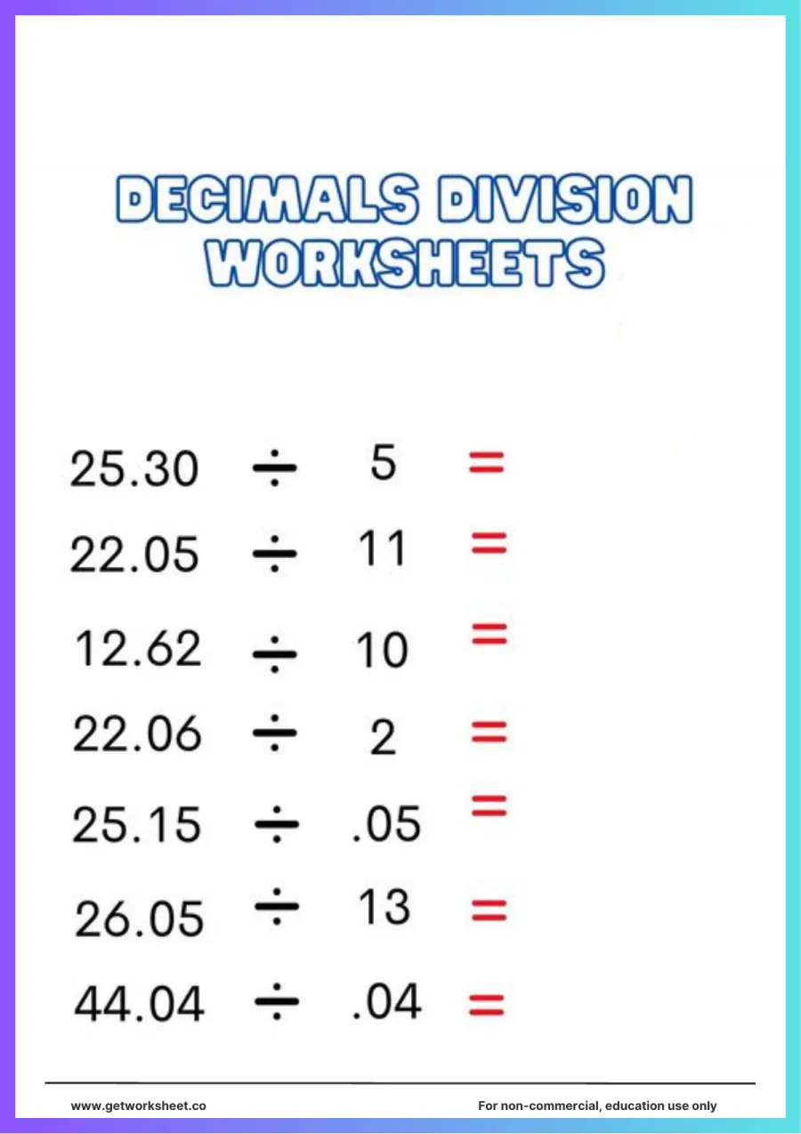 Divide decimals by whole numbers and by .05 or .04 (7) Divide decimals by whole numbers and by .05 or .04 (7) – free printable PDF worksheet, page 1 preview (Free decimal division worksheets)