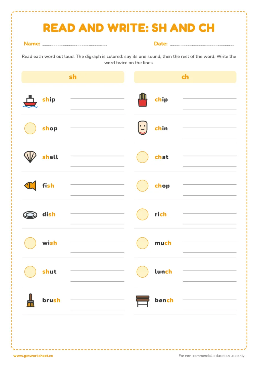 Read and write: sh and ch words – free printable PDF worksheet, page 1 preview (8 free digraphs worksheets)