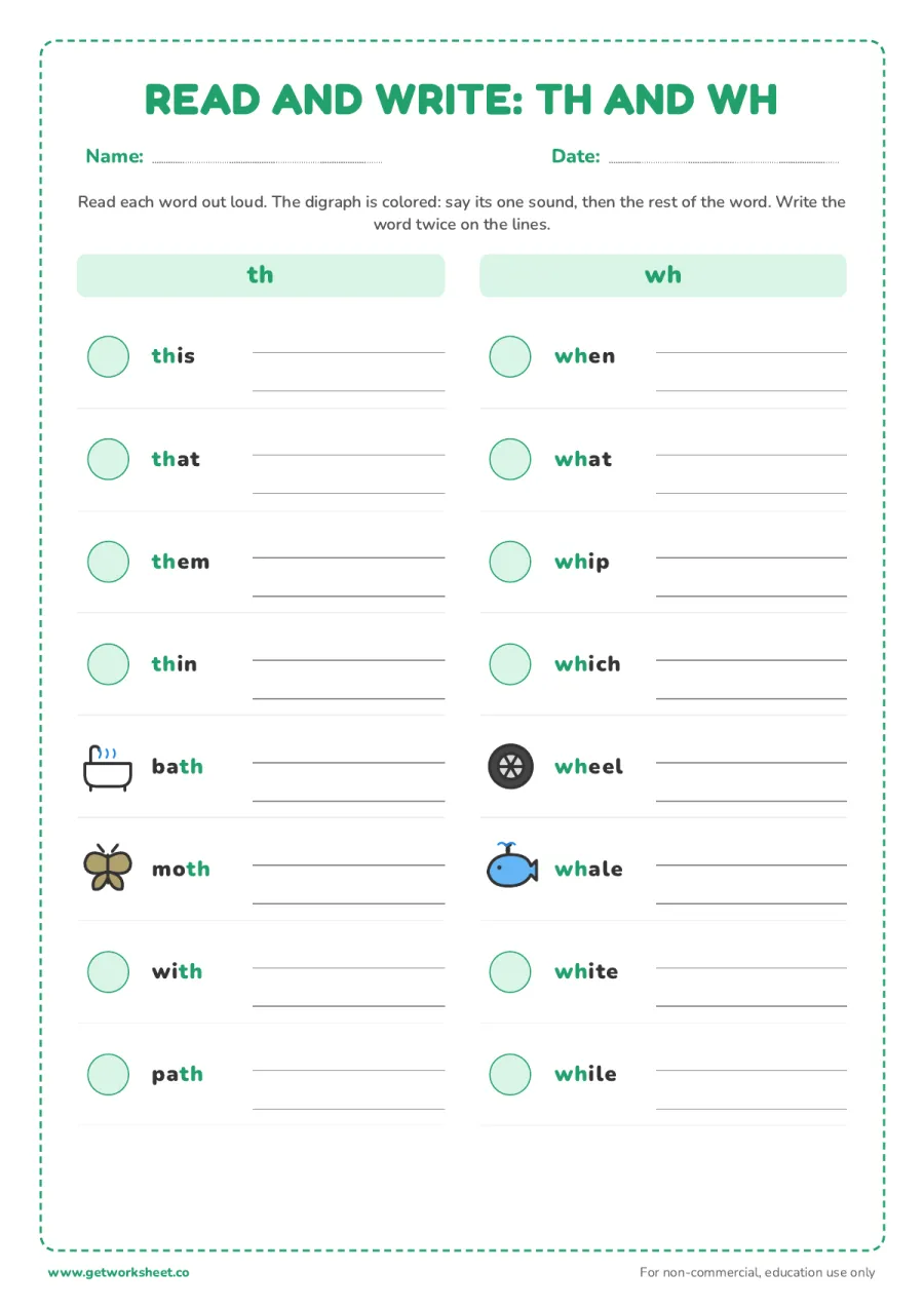 Read and write: th and wh words – free printable PDF worksheet, page 1 preview (8 free digraphs worksheets)