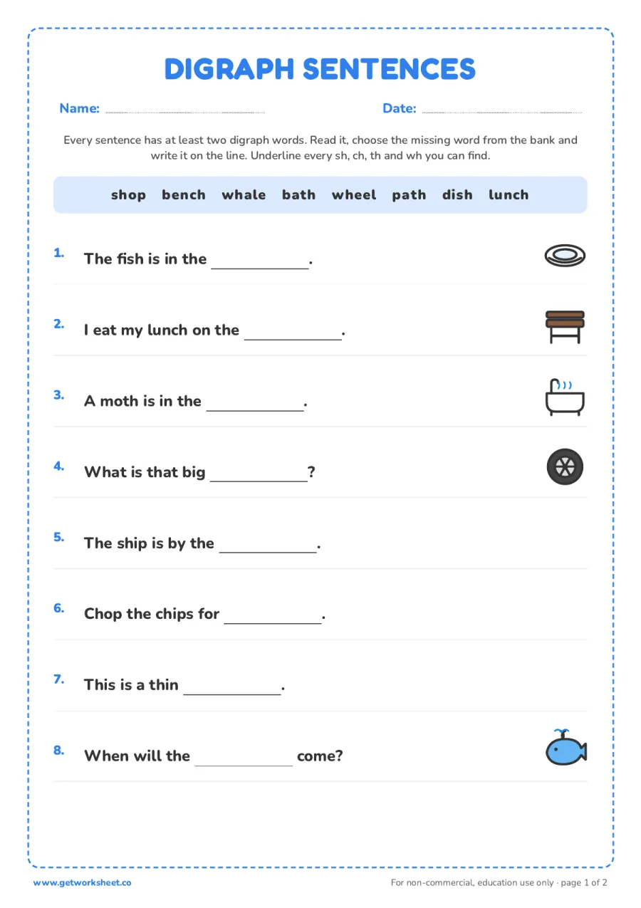 Digraph sentences – free printable PDF worksheet, page 1 preview (8 free digraphs worksheets)