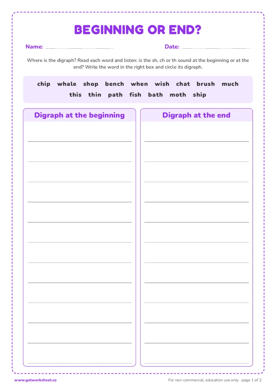 Beginning or end? Sort 16 words – free printable PDF worksheet, page 1 preview (8 free digraphs worksheets)