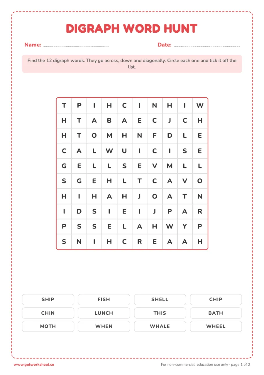Digraph word hunt – free printable PDF worksheet, page 1 preview (8 free digraphs worksheets)