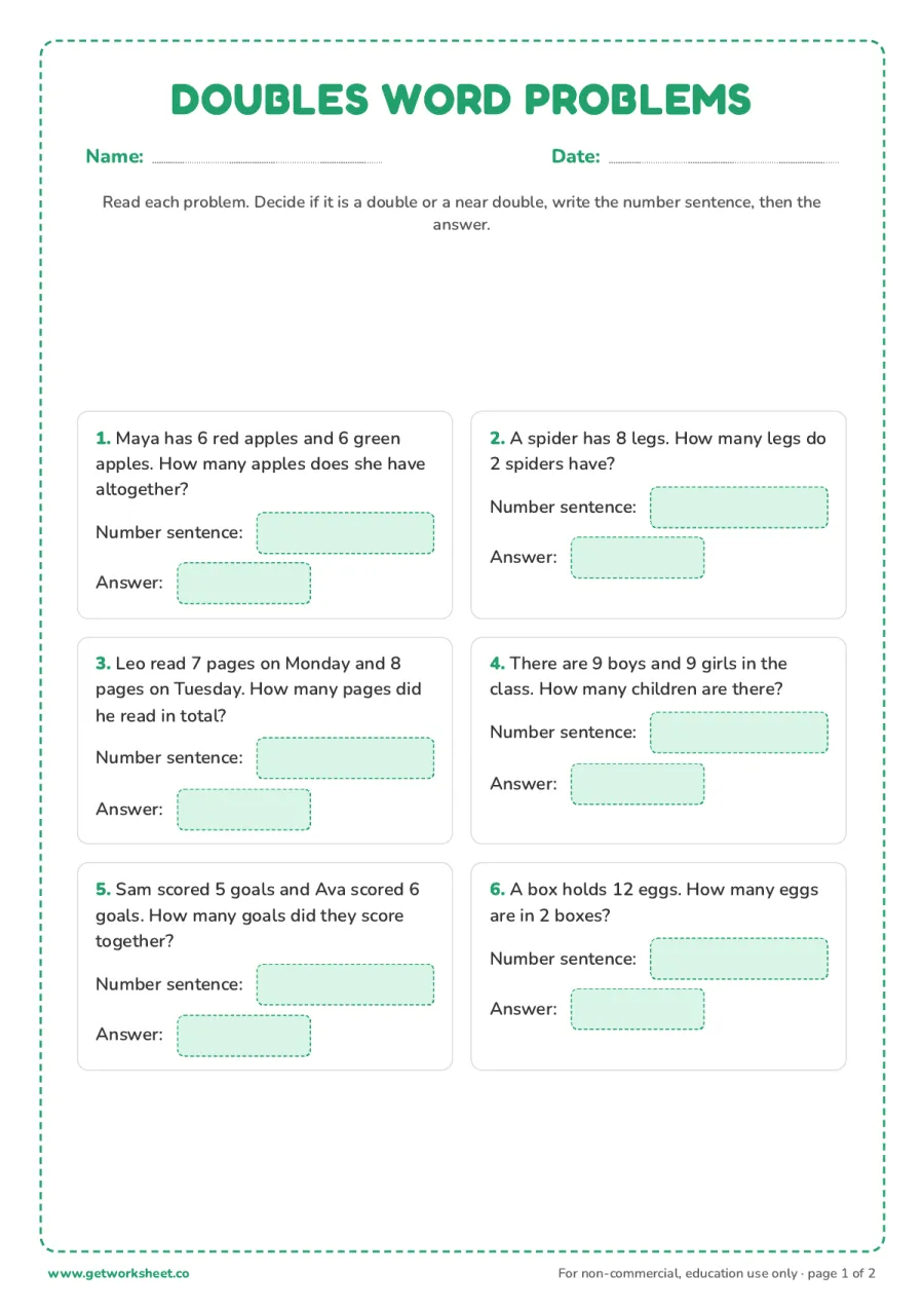 Doubles and near doubles word problems – free printable PDF worksheet, page 1 preview (7 free doubles addition worksheets)