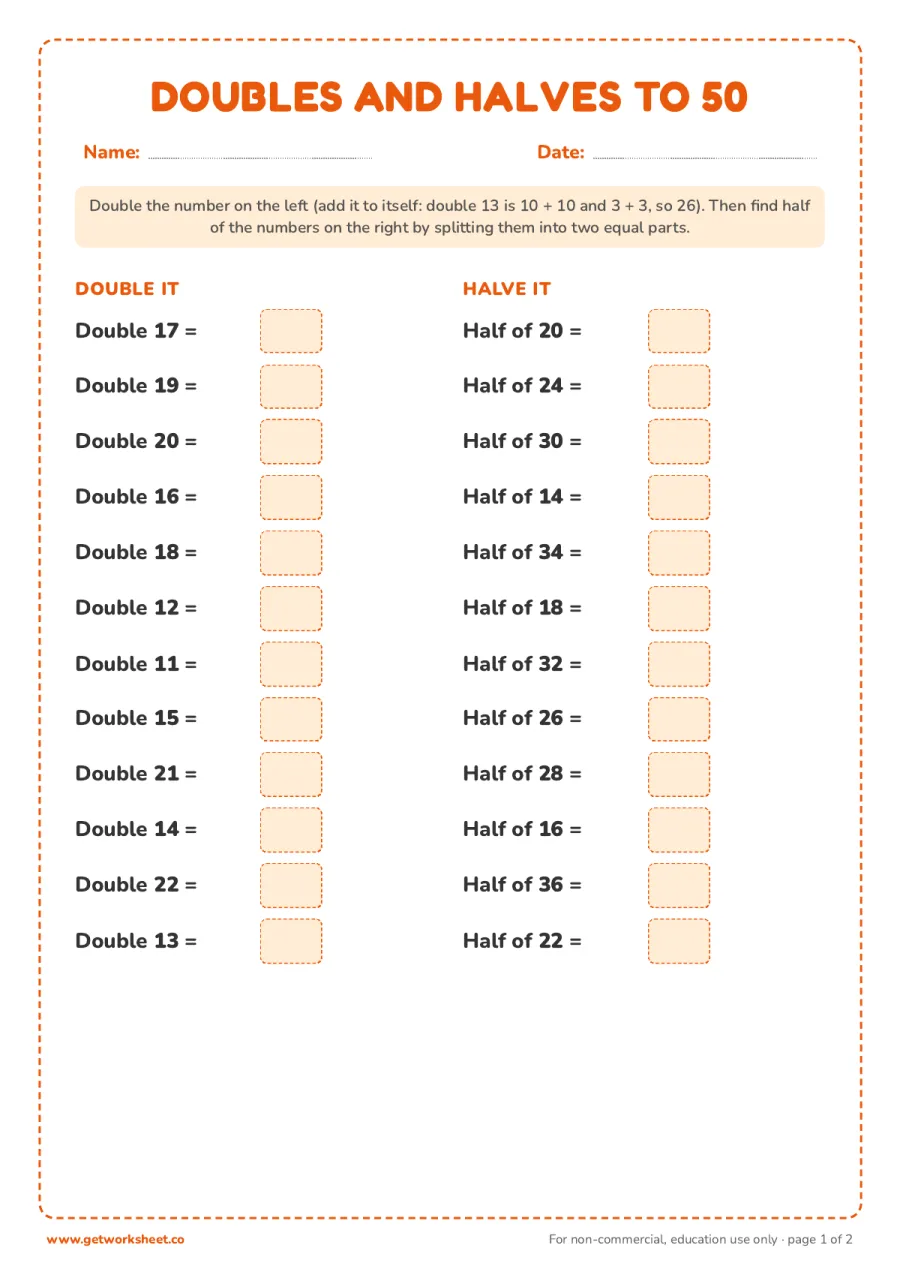 Doubles and halves to 50 – free printable PDF worksheet, page 1 preview (7 free doubles addition worksheets)