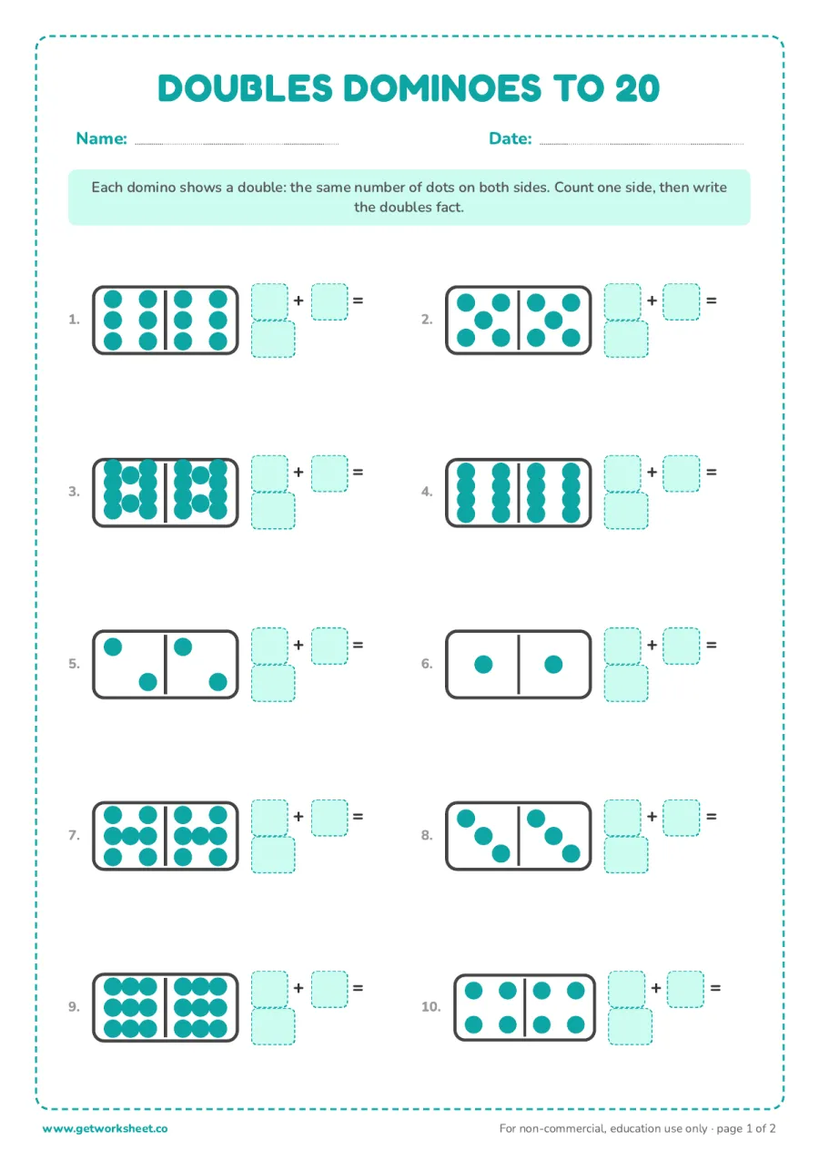 Doubles dominoes to 20 – free printable PDF worksheet, page 1 preview (7 free doubles addition worksheets)