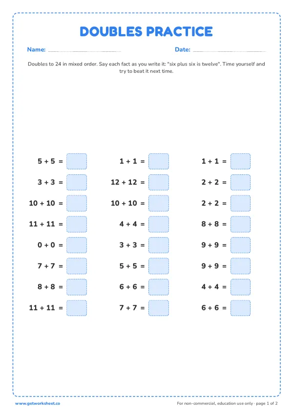 Doubles practice set 3: 24 mixed facts, page 1 preview