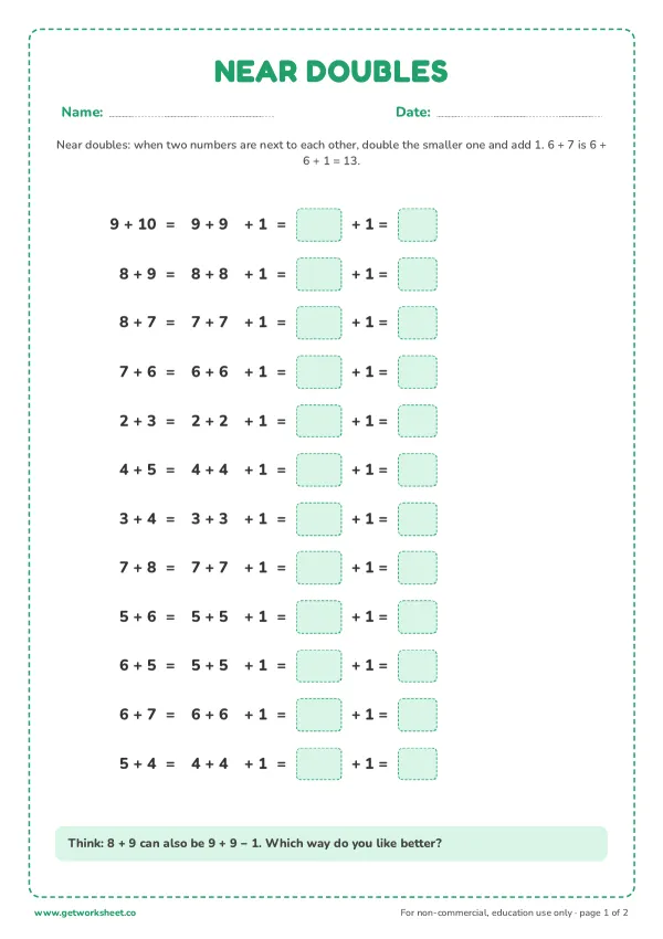 Near doubles set 2: doubles plus one, page 1 preview