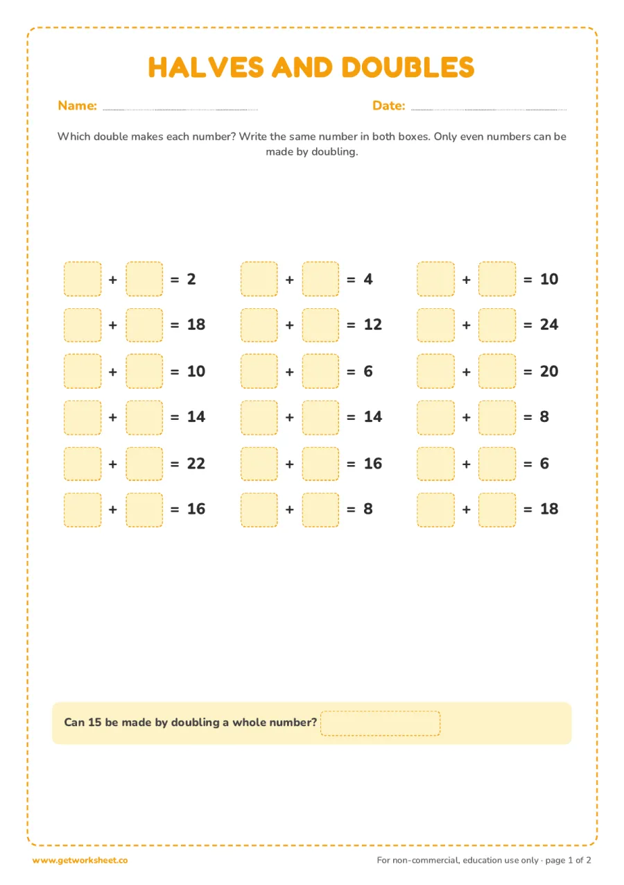 Which double makes it? Missing numbers – free printable PDF worksheet, page 1 preview (7 free doubles addition worksheets)