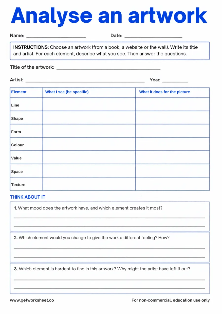 Analyse an artwork with the seven elements (any painting) – free printable PDF worksheet, page 1 preview (Free elements of art worksheets)