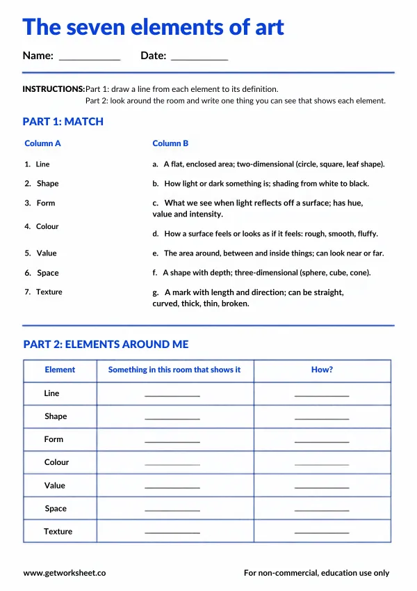 Free elements of art worksheets – free printable worksheets preview