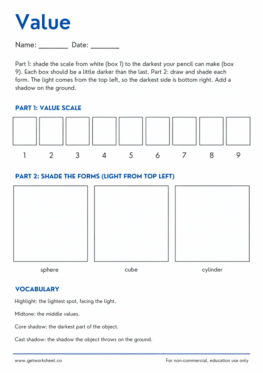 Value: a 9-step value scale and shading three forms – free printable PDF worksheet, page 1 preview (Free elements of art worksheets)
