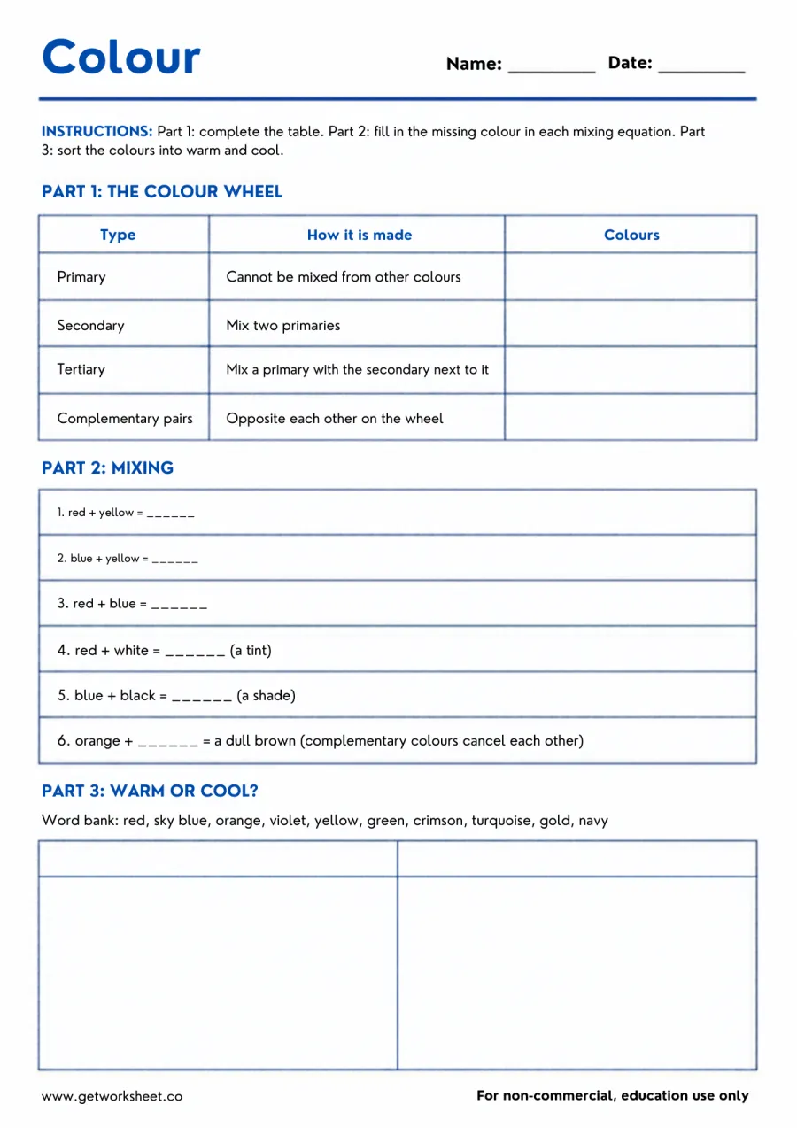 Colour: colour wheel, mixing and warm/cool sort – free printable PDF worksheet, page 1 preview (Free elements of art worksheets)