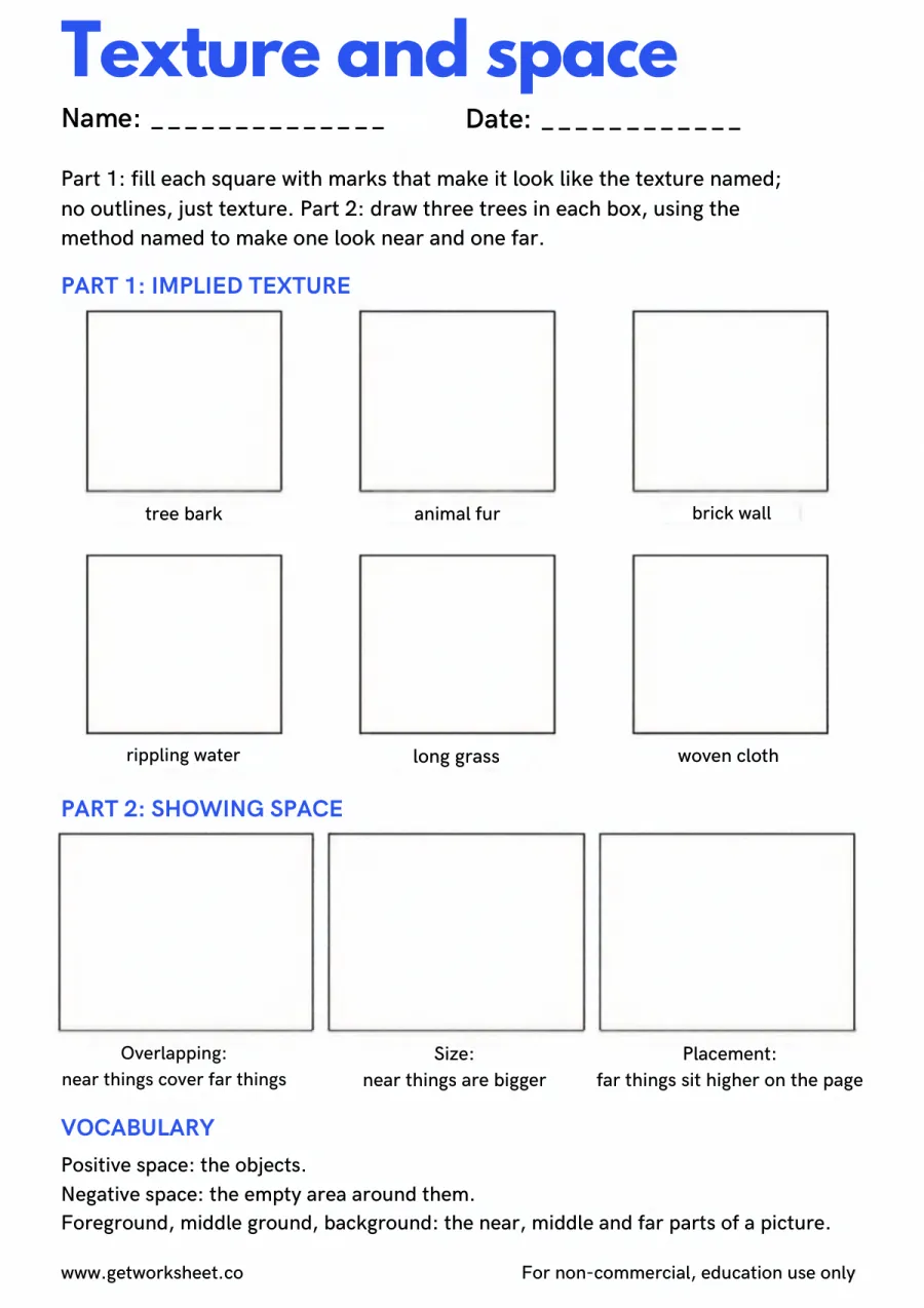 Texture and space: six texture squares and three ways to show depth – free printable PDF worksheet, page 1 preview (Free elements of art worksheets)