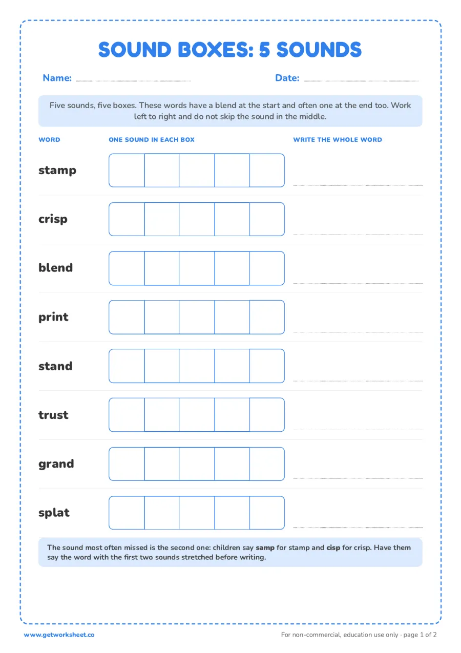 Elkonin boxes: 5 sounds, 8 words – free printable PDF worksheet, page 1 preview (8 free Elkonin boxes worksheets)