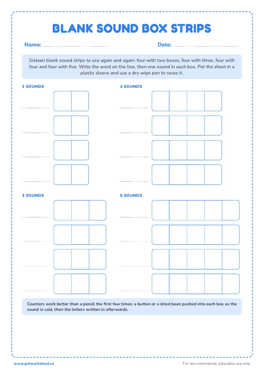 Blank sound box strips: 2, 3, 4 and 5 boxes – free printable PDF worksheet, page 1 preview (8 free Elkonin boxes worksheets)