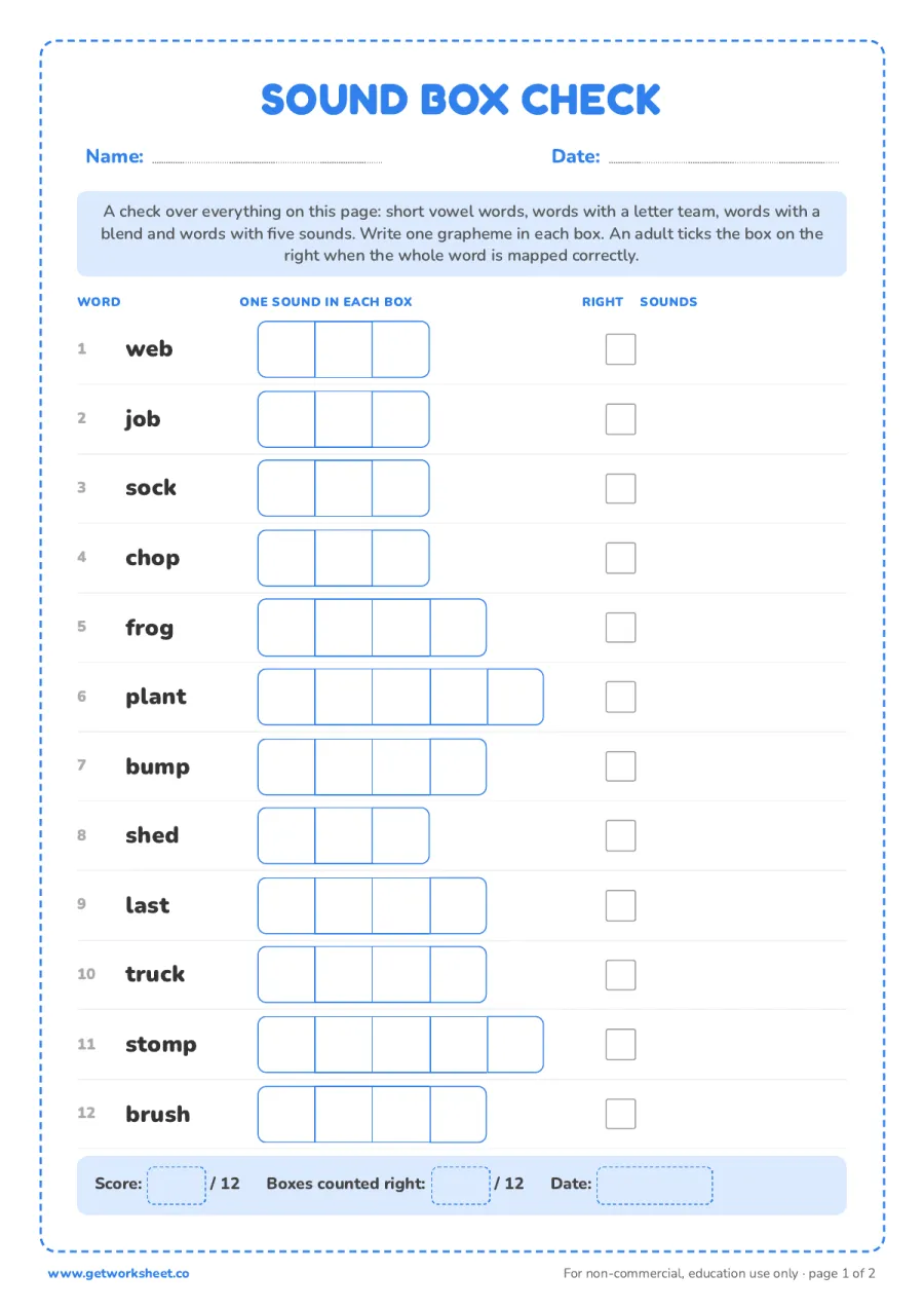 Sound box check: 12 words with an answer key – free printable PDF worksheet, page 1 preview (8 free Elkonin boxes worksheets)
