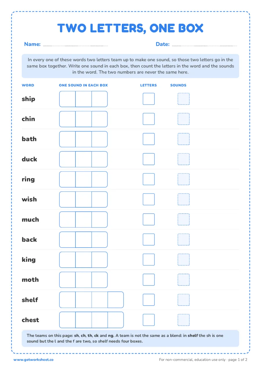 Two letters, one box: sh, ch, th, ck and ng words – free printable PDF worksheet, page 1 preview (8 free Elkonin boxes worksheets)