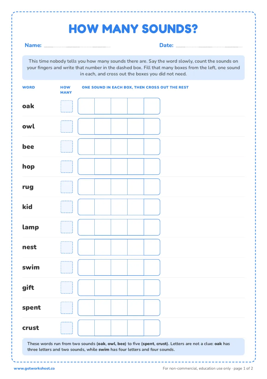 How many sounds? 12 mixed words, 2 to 5 boxes – free printable PDF worksheet, page 1 preview (8 free Elkonin boxes worksheets)