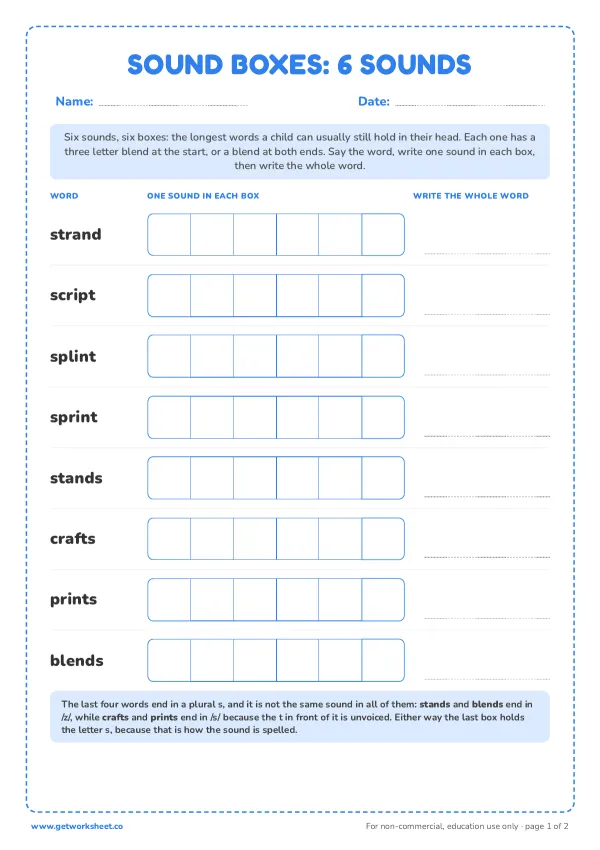 Elkonin boxes: 6 sounds, 8 words, page 1 preview