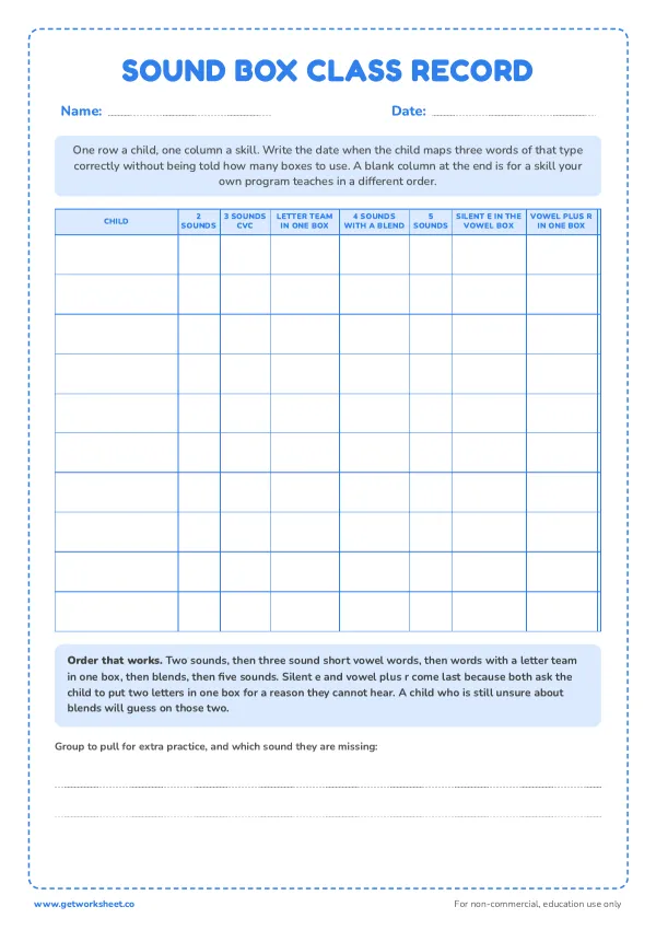 Sound box class record: 10 children, 7 skills, page 1 preview