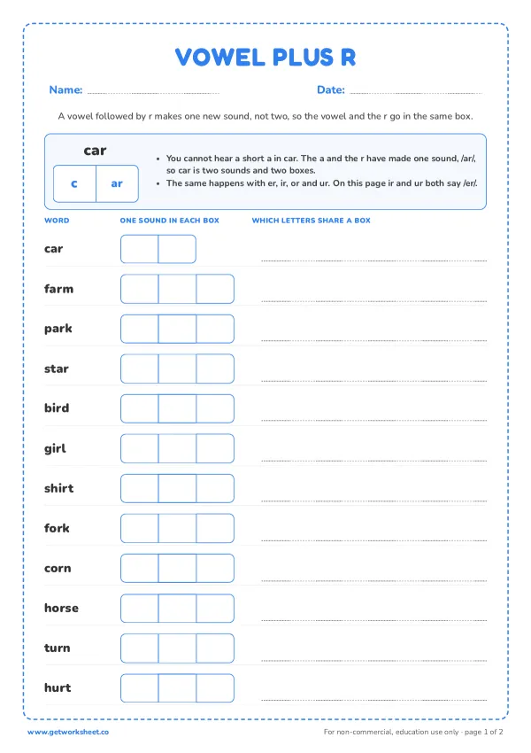 Elkonin boxes for r-controlled words: ar, ir, or, ur, page 1 preview