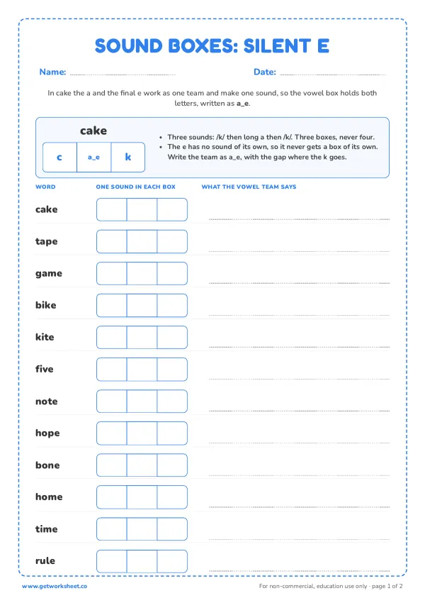 Elkonin boxes for CVCe words: the silent e joins the vowel box, page 1 preview