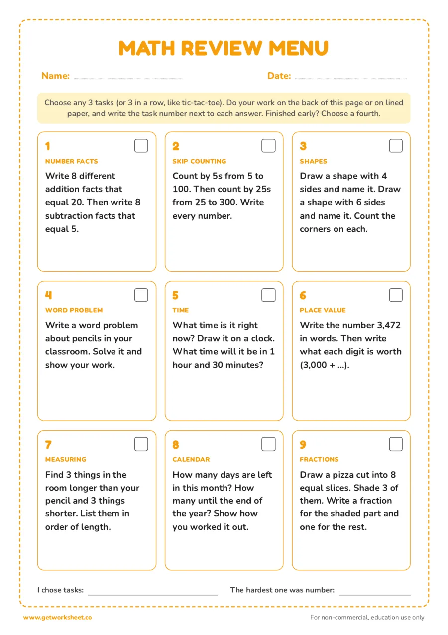 Math review menu: pick 3 of 9 Math review menu: pick 3 of 9 – free printable PDF worksheet, page 1 preview (6 free emergency sub plans templates)