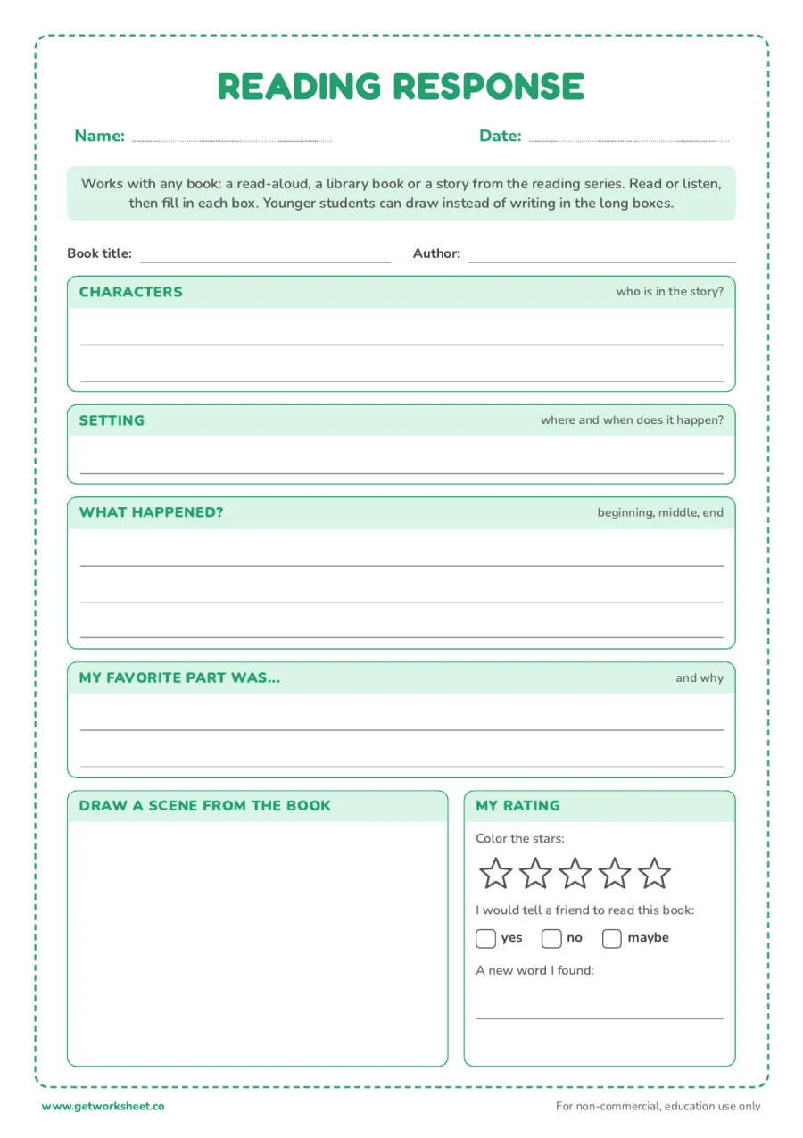 Reading response for any book Reading response for any book – free printable PDF worksheet, page 1 preview (6 free emergency sub plans templates)