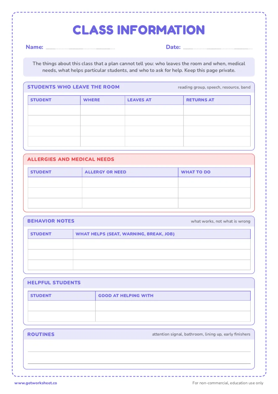 Class information sheet for a substitute Class information sheet for a substitute – free printable PDF worksheet, page 1 preview (6 free emergency sub plans templates)