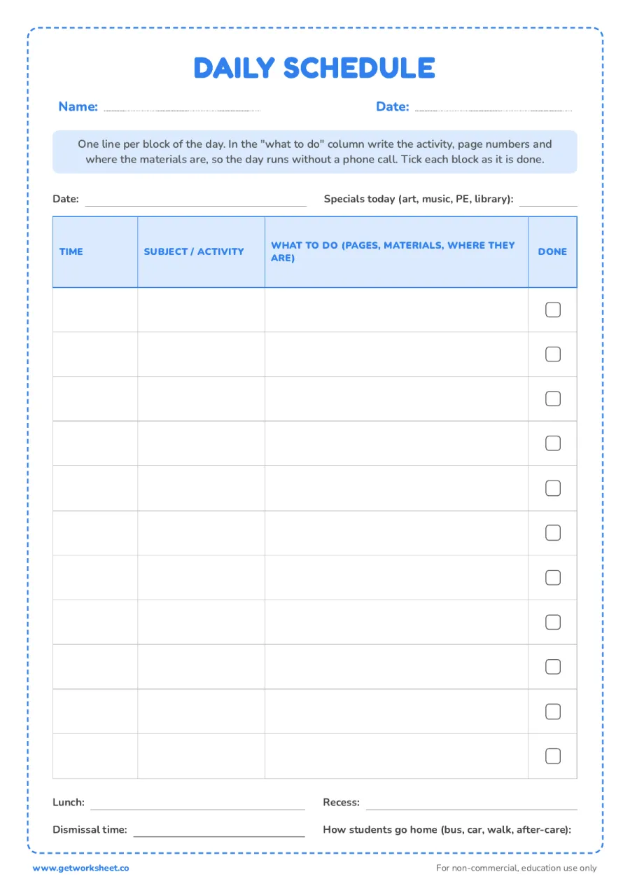 Sub daily schedule template Sub daily schedule template – free printable PDF worksheet, page 1 preview (6 free emergency sub plans templates)