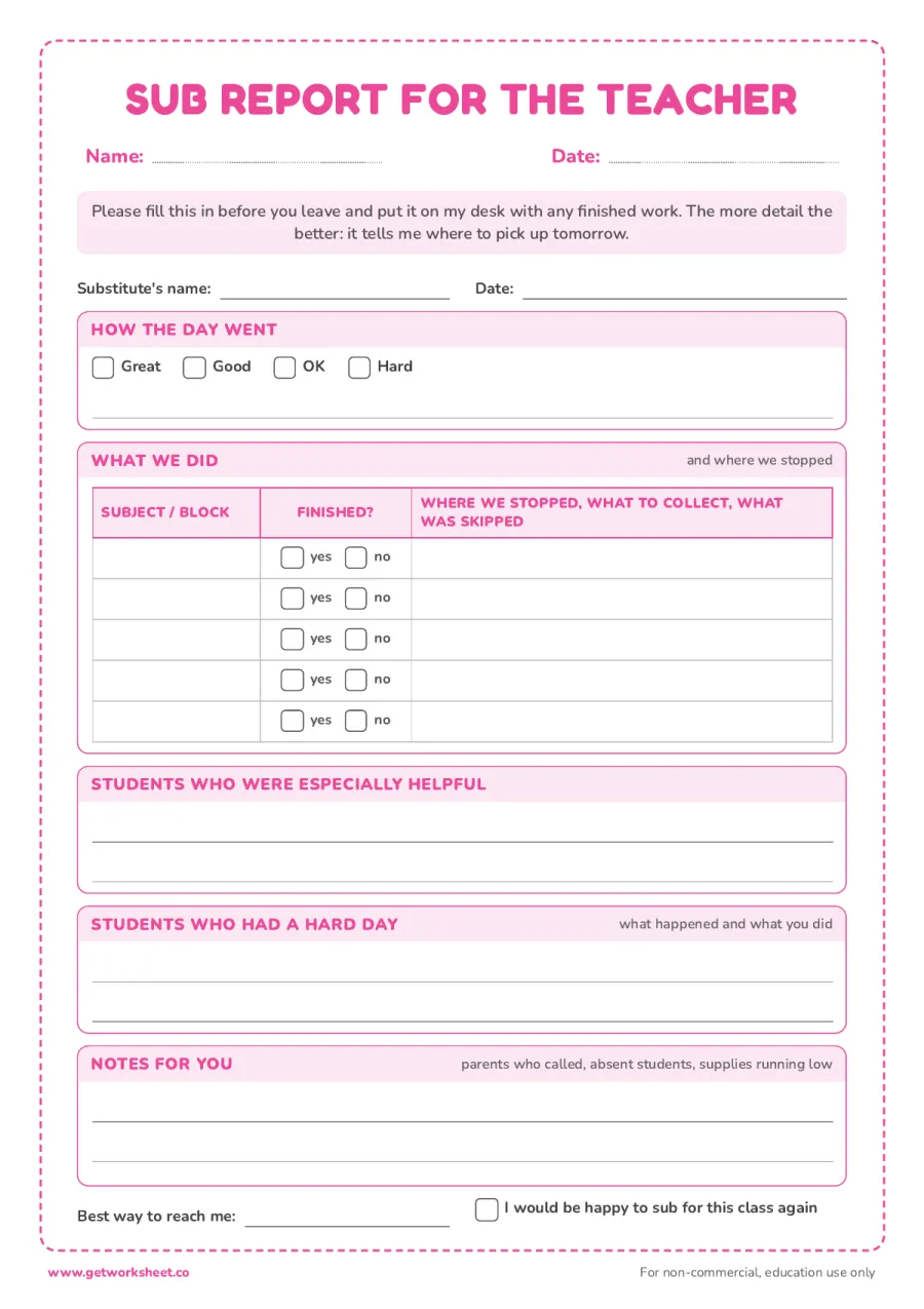 Sub report for the teacher Sub report for the teacher – free printable PDF worksheet, page 1 preview (6 free emergency sub plans templates)