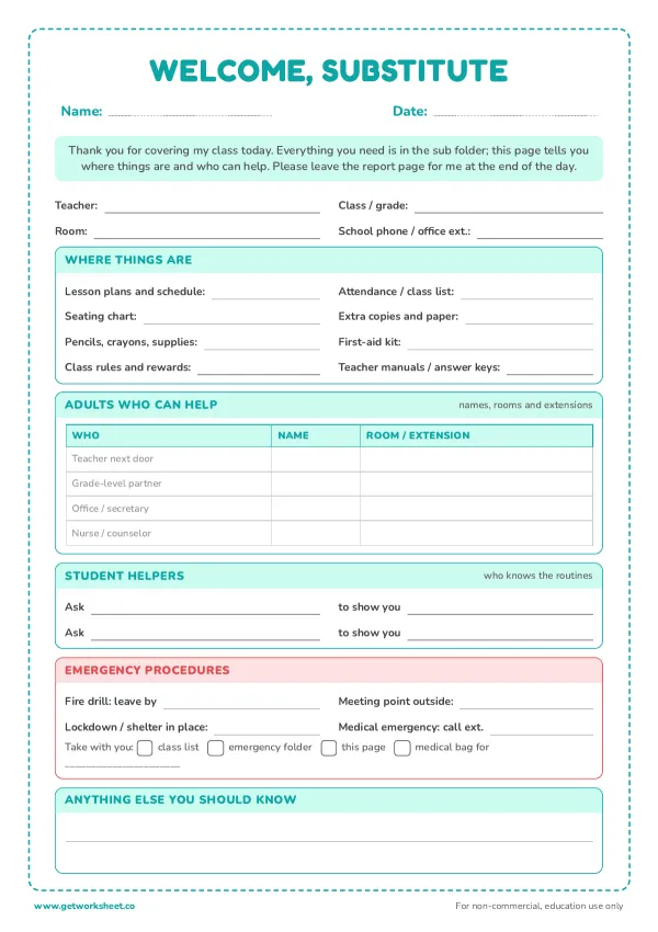 Free emergency sub plans templates – free printable worksheets preview