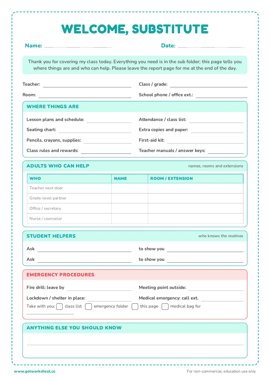 Welcome, substitute: cover page Welcome, substitute: cover page – free printable PDF worksheet, page 1 preview (6 free emergency sub plans templates)