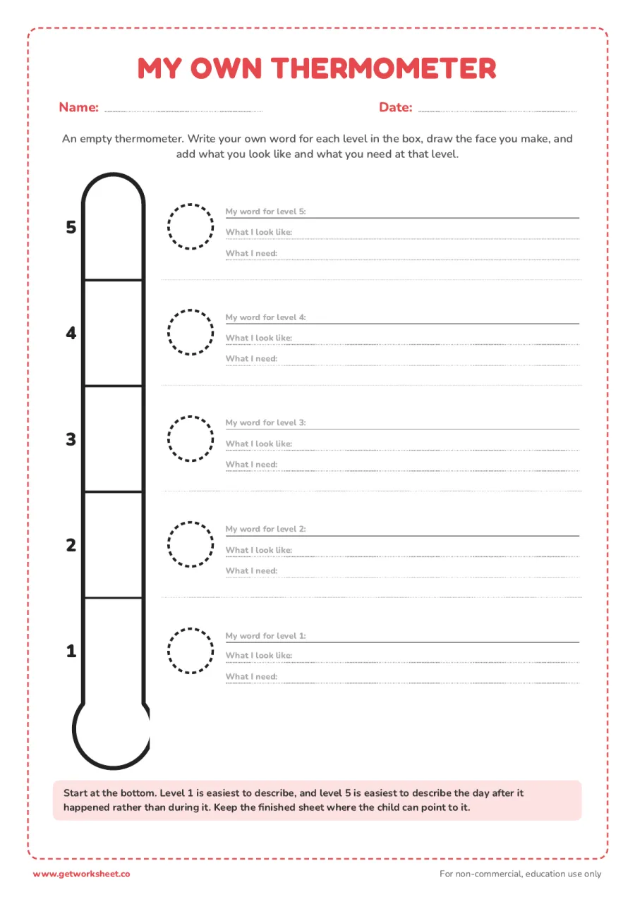 Blank emotion thermometer to fill in Blank emotion thermometer to fill in – free printable PDF worksheet, page 1 preview (7 free emotion thermometer printables)
