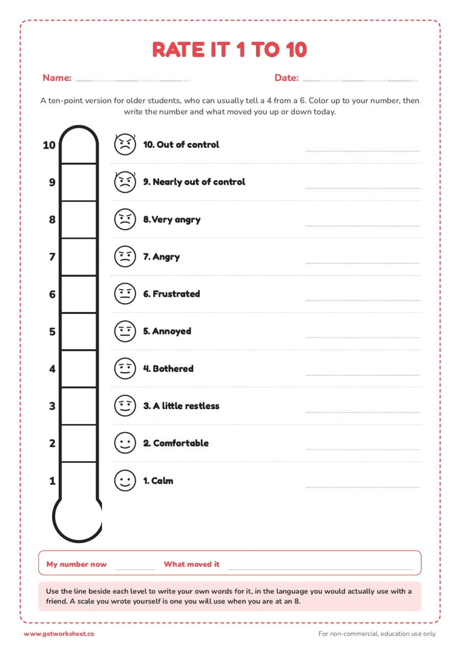 Emotion thermometer 1 to 10 for older students Emotion thermometer 1 to 10 for older students – free printable PDF worksheet, page 1 preview (7 free emotion thermometer printables)