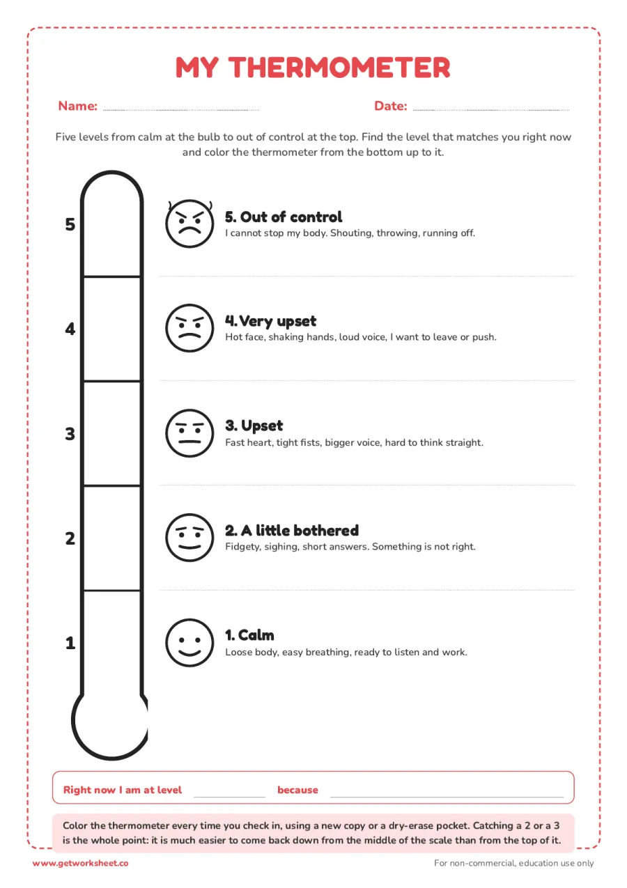 Emotion thermometer 1 to 5 (words and faces) Emotion thermometer 1 to 5 (words and faces) – free printable PDF worksheet, page 1 preview (7 free emotion thermometer printables)