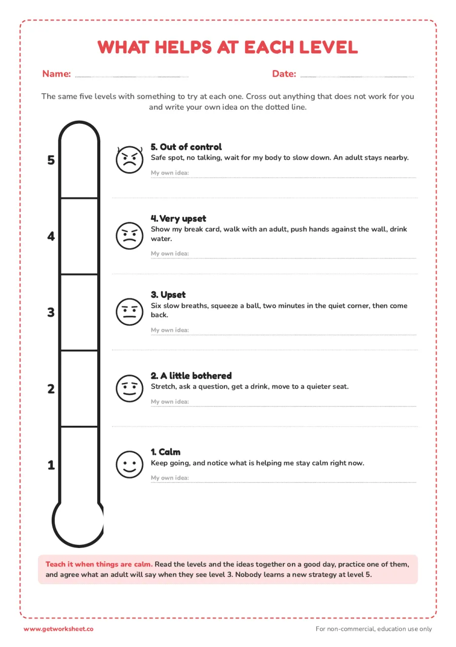 Emotion thermometer with coping strategies Emotion thermometer with coping strategies – free printable PDF worksheet, page 1 preview (7 free emotion thermometer printables)